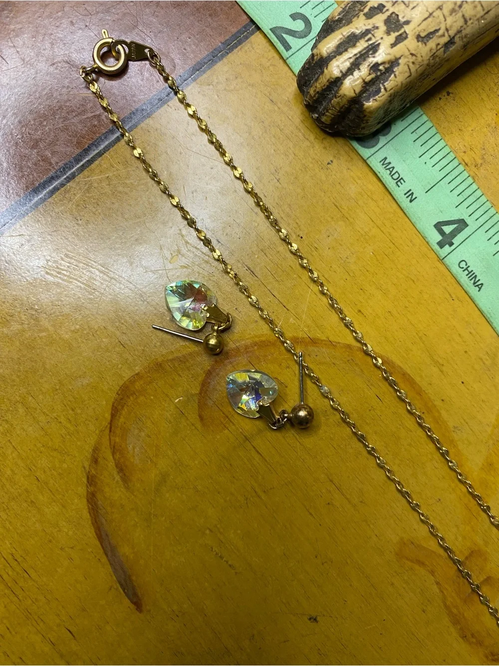 Vintage Heart Crystal Pendant Necklace and Earrings Set - Green Heart